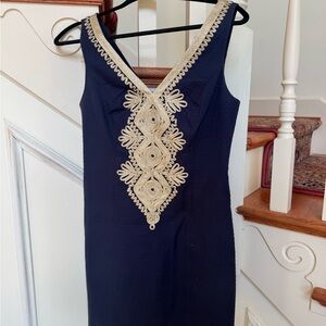 Elegant Navy Blue Dress with Gold Embroidery
